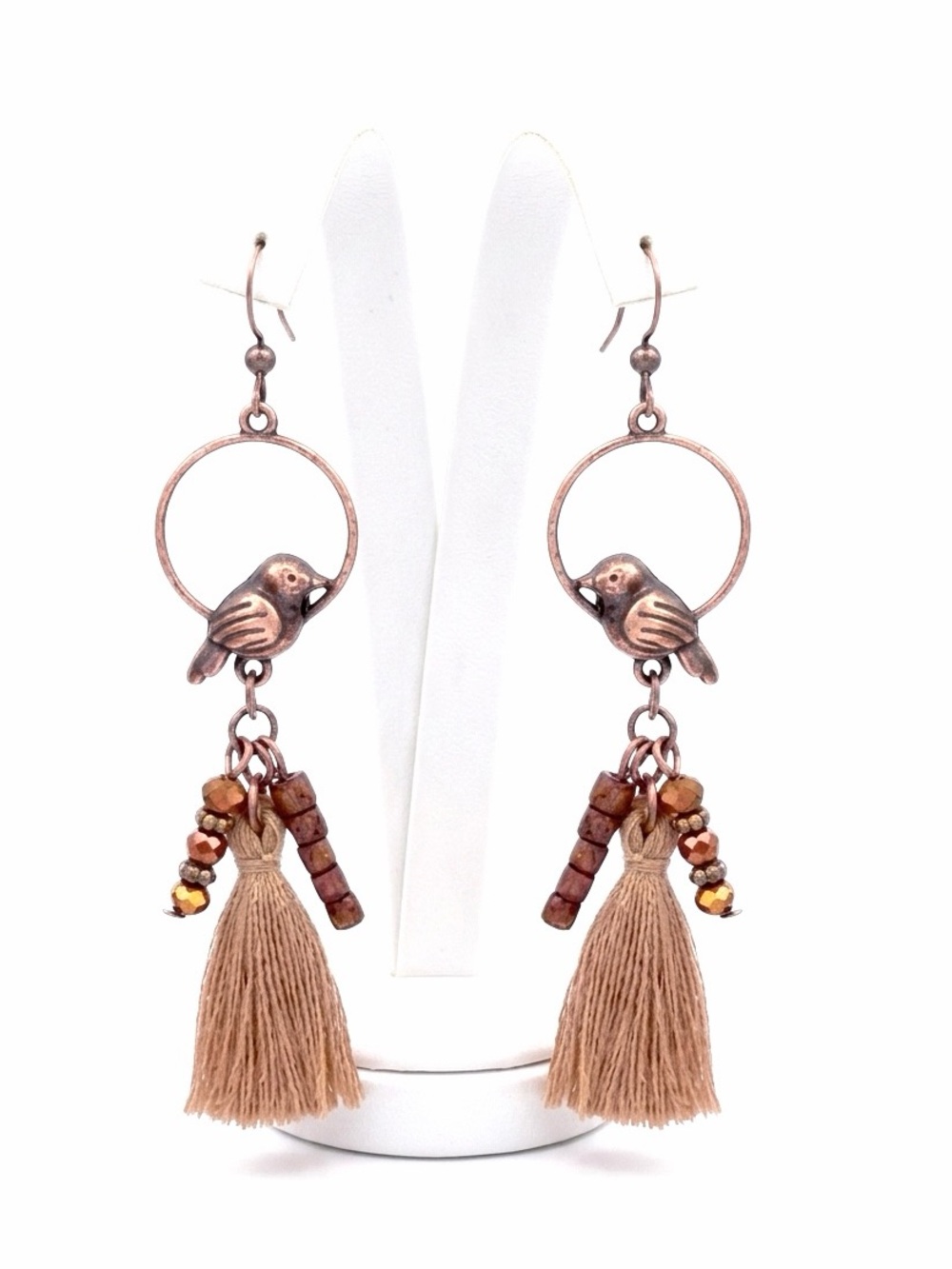 New Bohemian Bronze Perching Bird Tassel Beaded Dangle Earrings Artisan OOAK